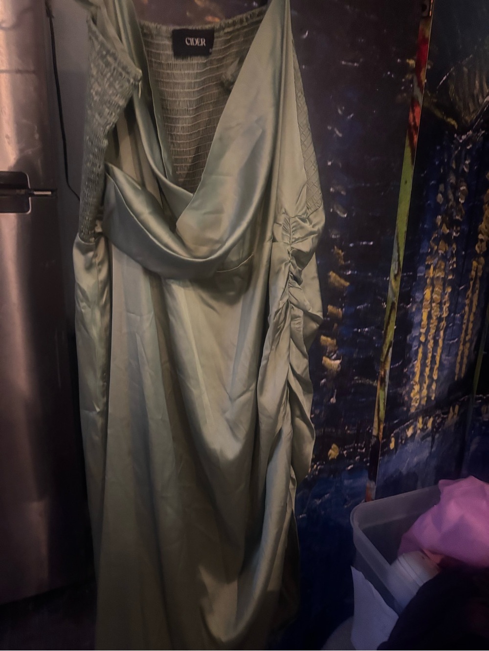 Cider One-Shoulder Satin Dress in Sage Green